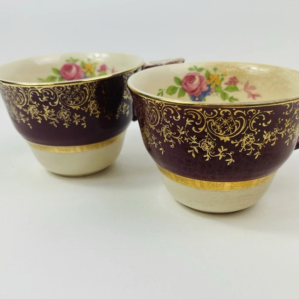 Century by Salem Aristocrat‎ 23 Karat Gold 2 Tea Cups Floral Crazing Browning